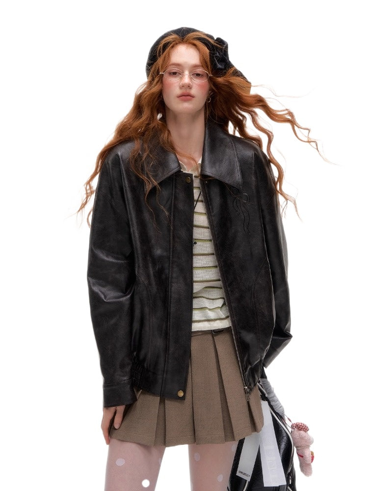 Vintage Bow Embossed Leather Jacket