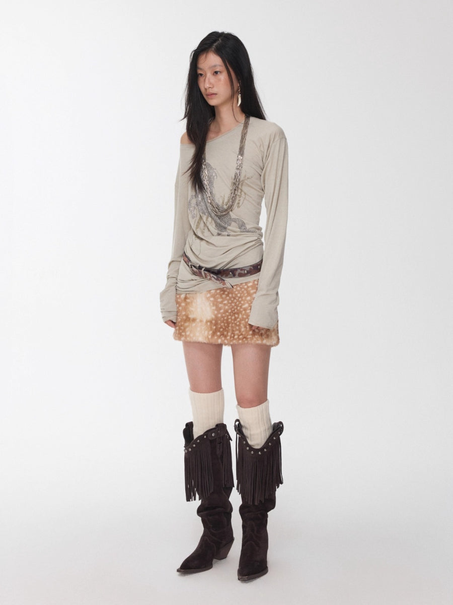 Rhinestone Embellished Asymmetric Drape T-shirt