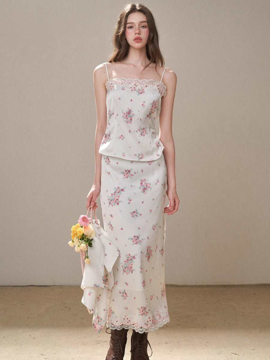 Cosagach Pearl Satin Embroidered Camisole &amp; Skirt Set