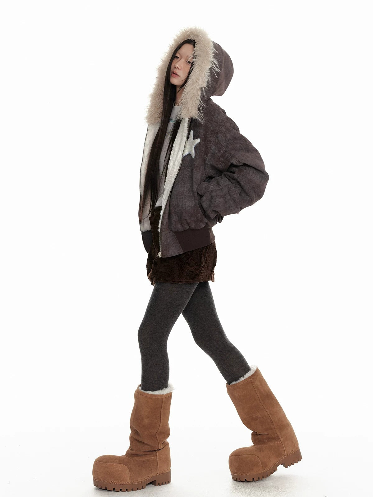Distressed Fur Hooded Padded Jacket