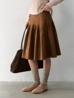 Side-Button Faux Suede Pleated Skirt