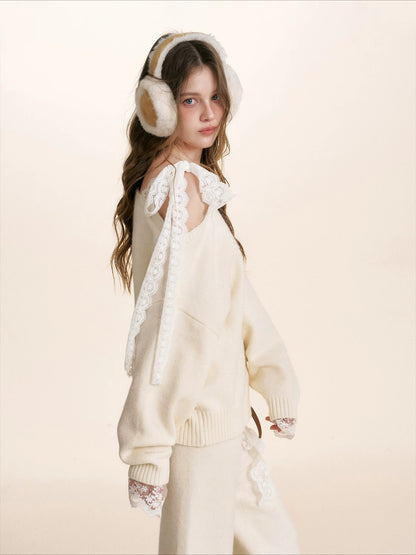 Gray &amp; Apricot Lace-Tie Knit Set