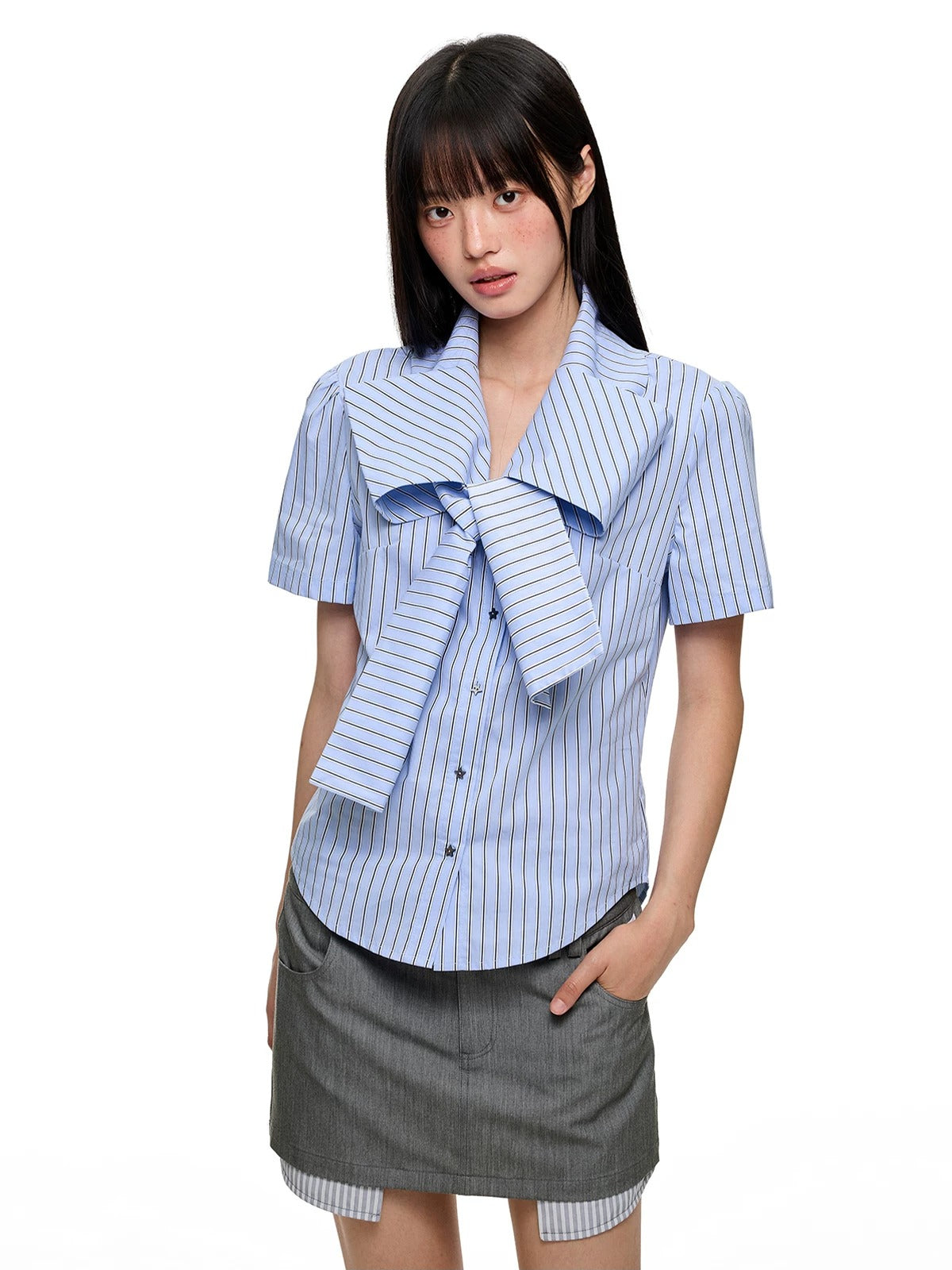 Crystal Bow Stripe Slim Shirt