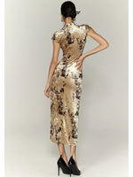 Khaki Velvet Printed Qipao Dress