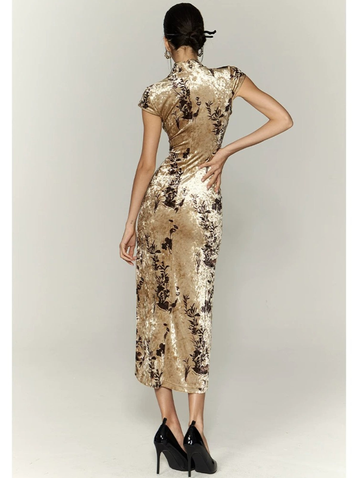 Khaki Velvet Printed Qipao Dress