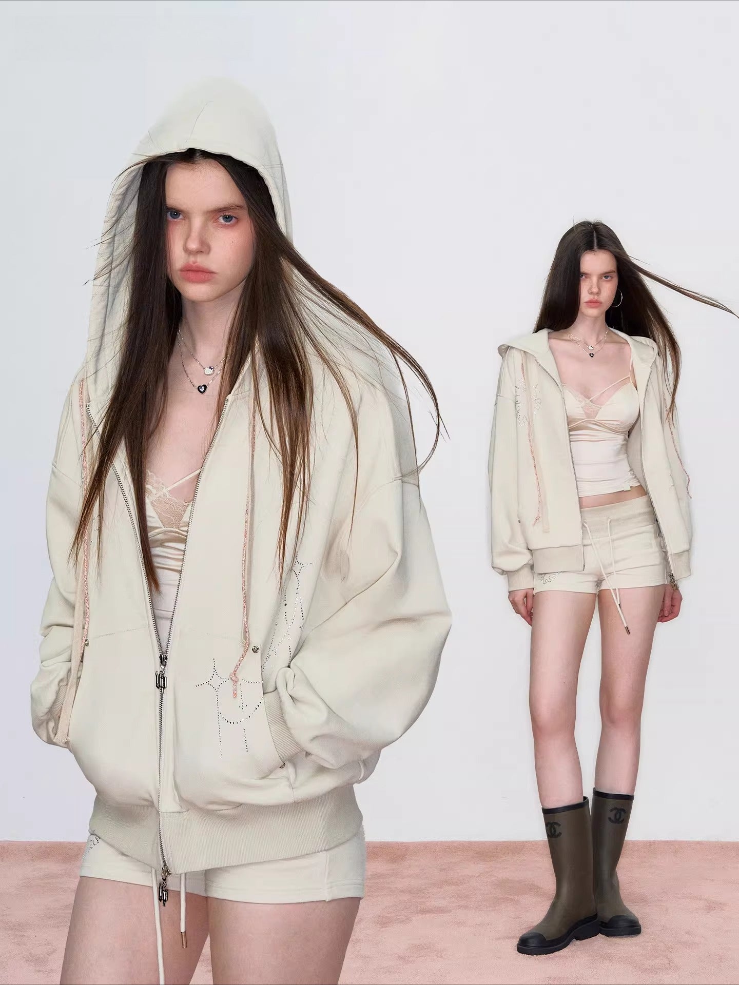 Embroidered Rhinestones Hoodie &amp; Shorts Set