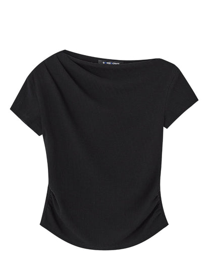 One Shoulder Irregular Slanted Pleat T-shirt &amp; Pants Set
