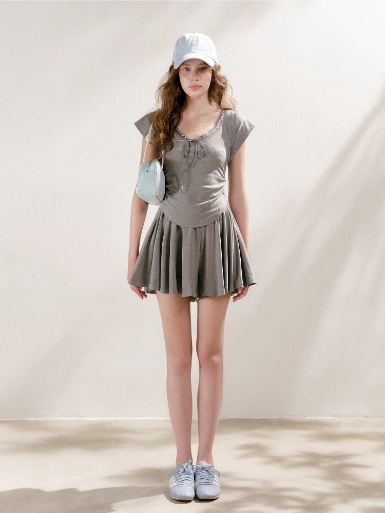 Lace-Trim Tie-Front T-Shirt &amp; Skort Set