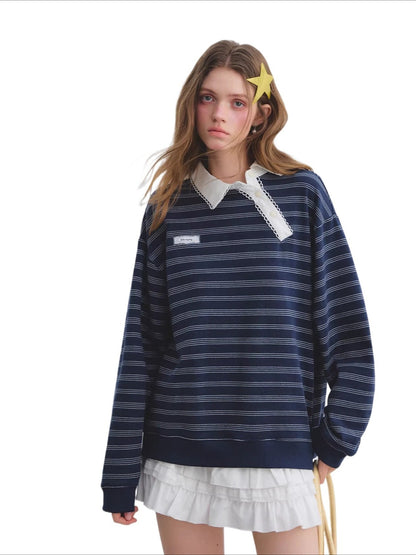 Lace Collar Stripe Sweatshirt