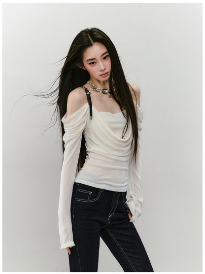 Draped Neck Leather Strap Acetate One-shoulder T-shirt