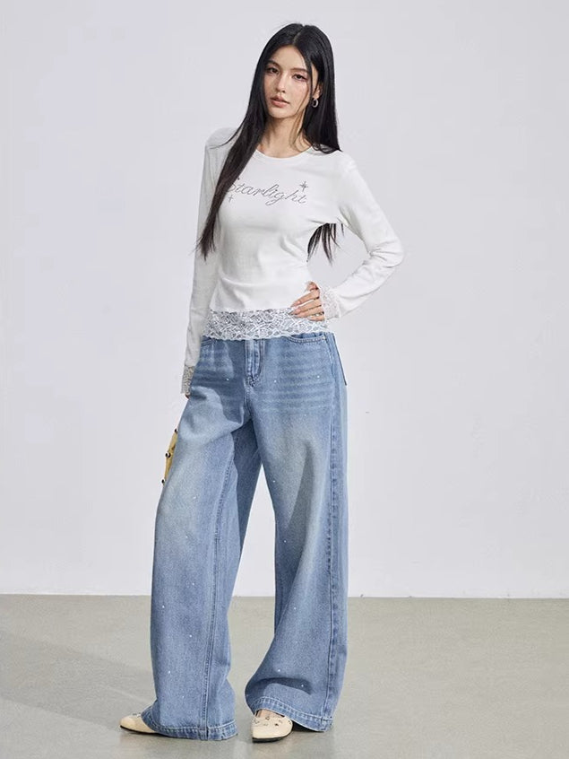 Beige Rhinestone Lace T-Shirt