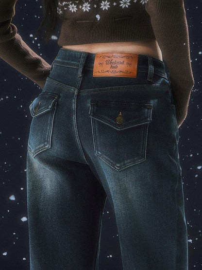 Navy Blue Retro Fleece-lined Flare Pants