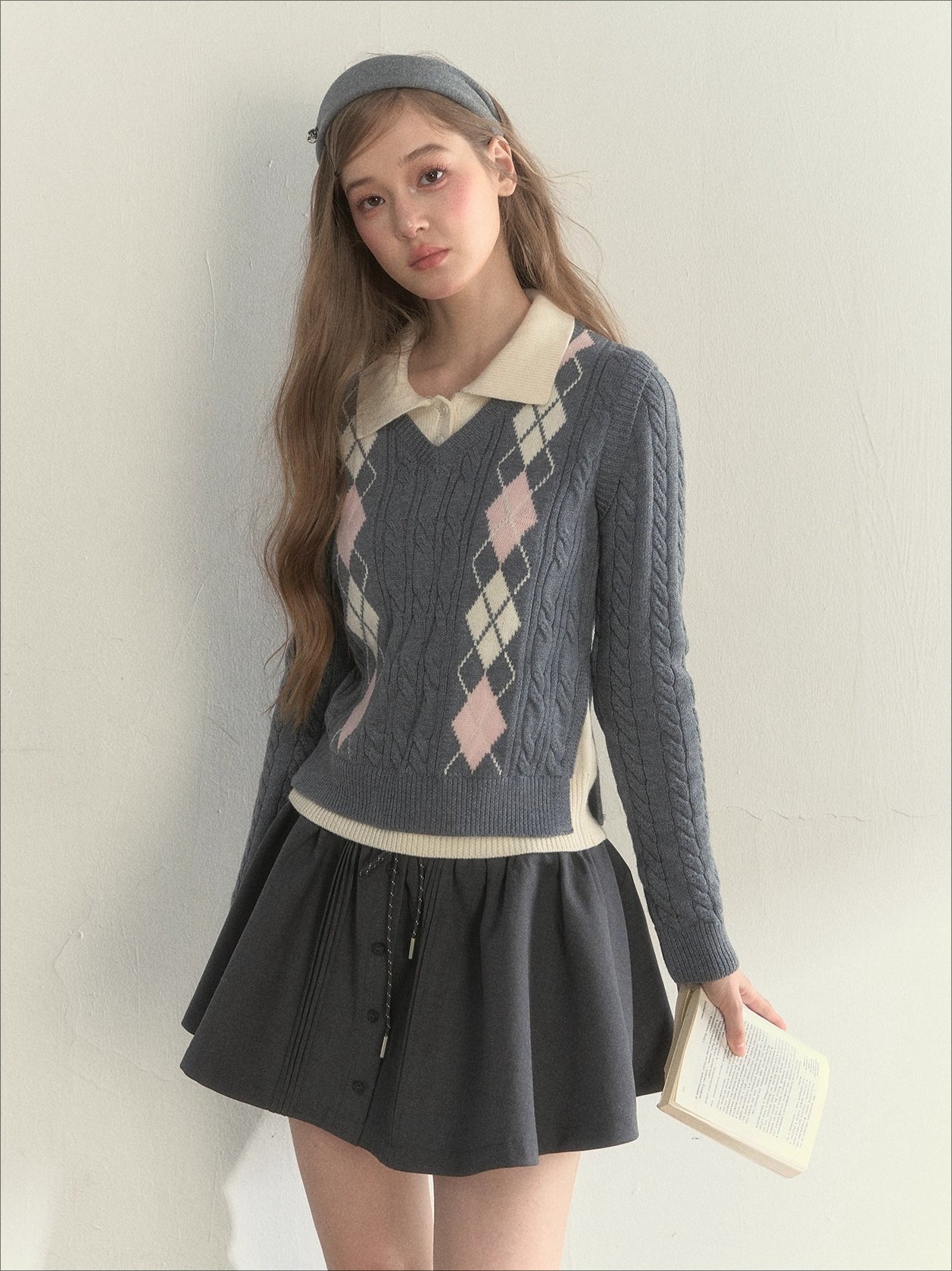 Argyle Cable Faux Two-Piece Sweater