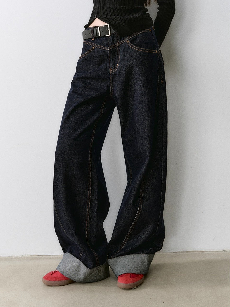 Dark Blue Raw-Hem Wide-Leg Denim Pants