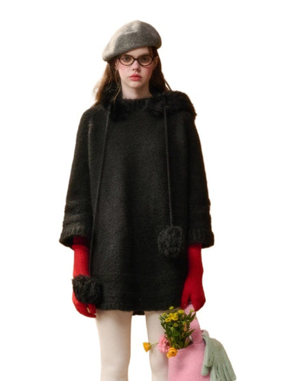 Hooded Faux-Fur Knit Cape Dress