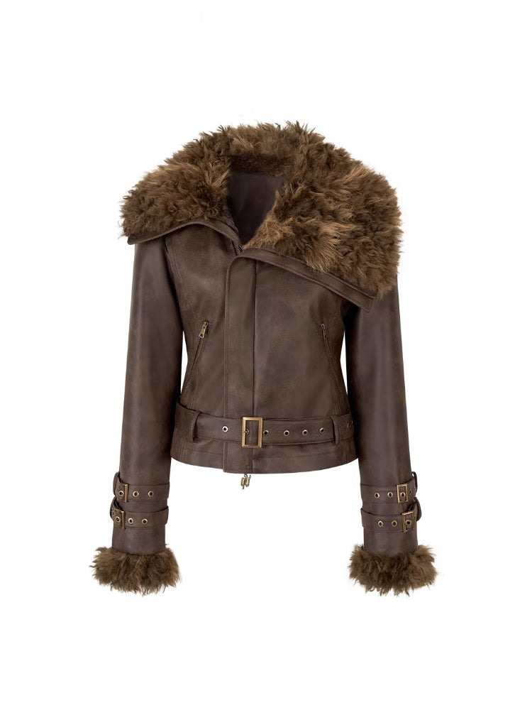 Faux Shearling Fur Collar Short Jacket