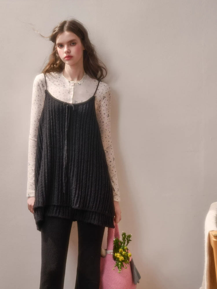 Bow Strap Knit Cami Lace &amp; Pants Set
