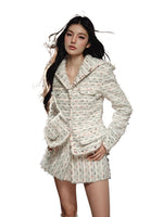 Beige Textured Cropped Jacket & Skirt Set