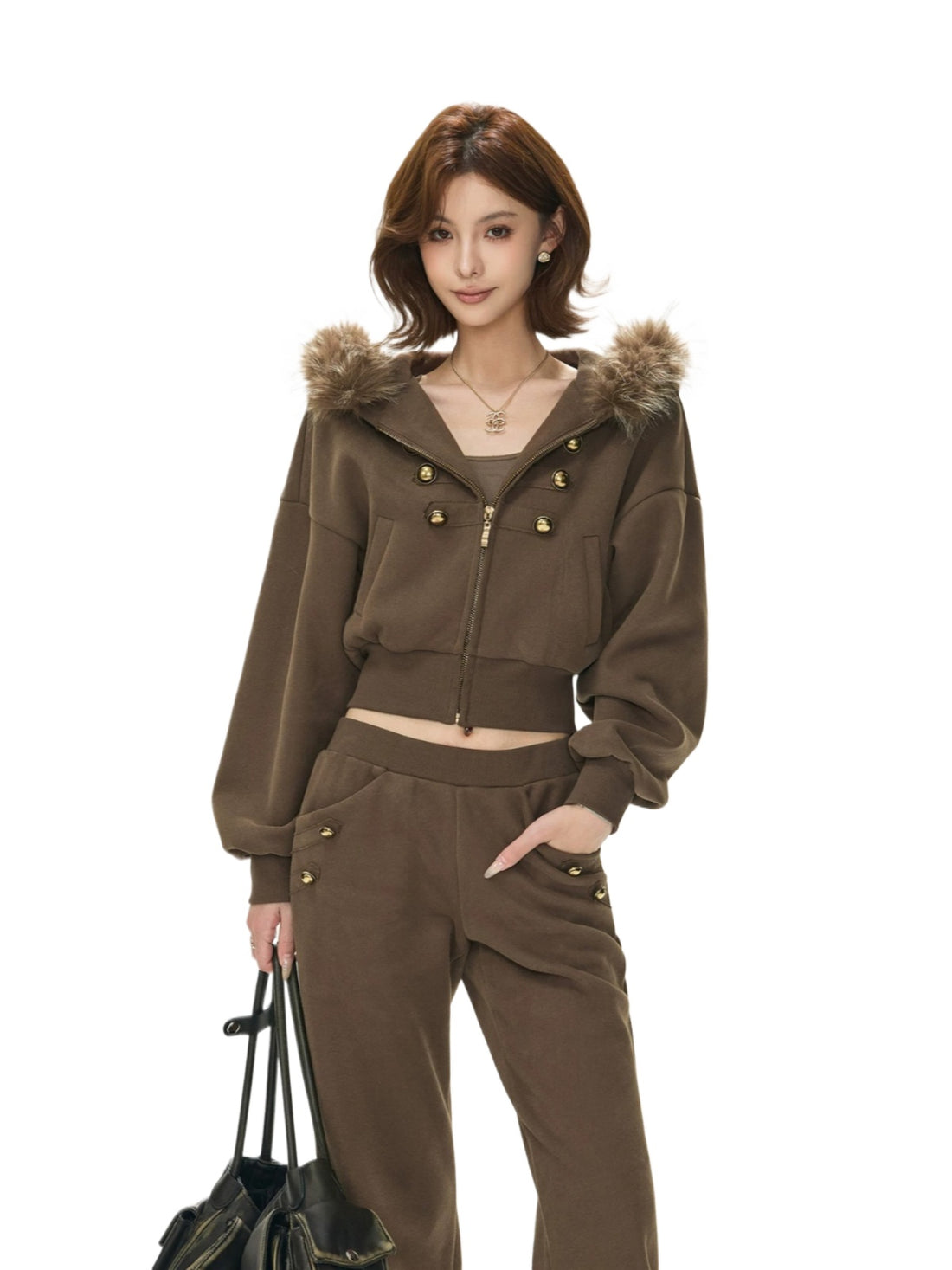 Caramel Hooded Cropped Wide-Leg Set