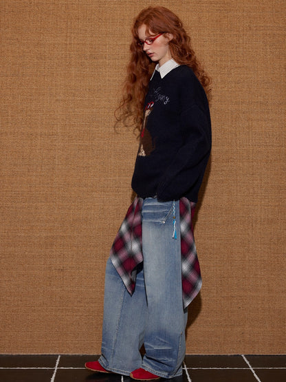 Animal Jacquard Embroidered Knit Sweater