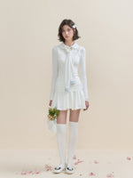 White & Blue Collared Knit Top & Skirt Set