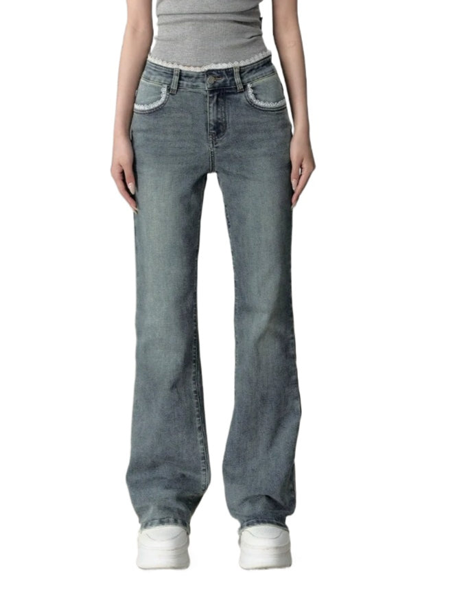 Light Blue Lace Patchwork Embroidered Jeans