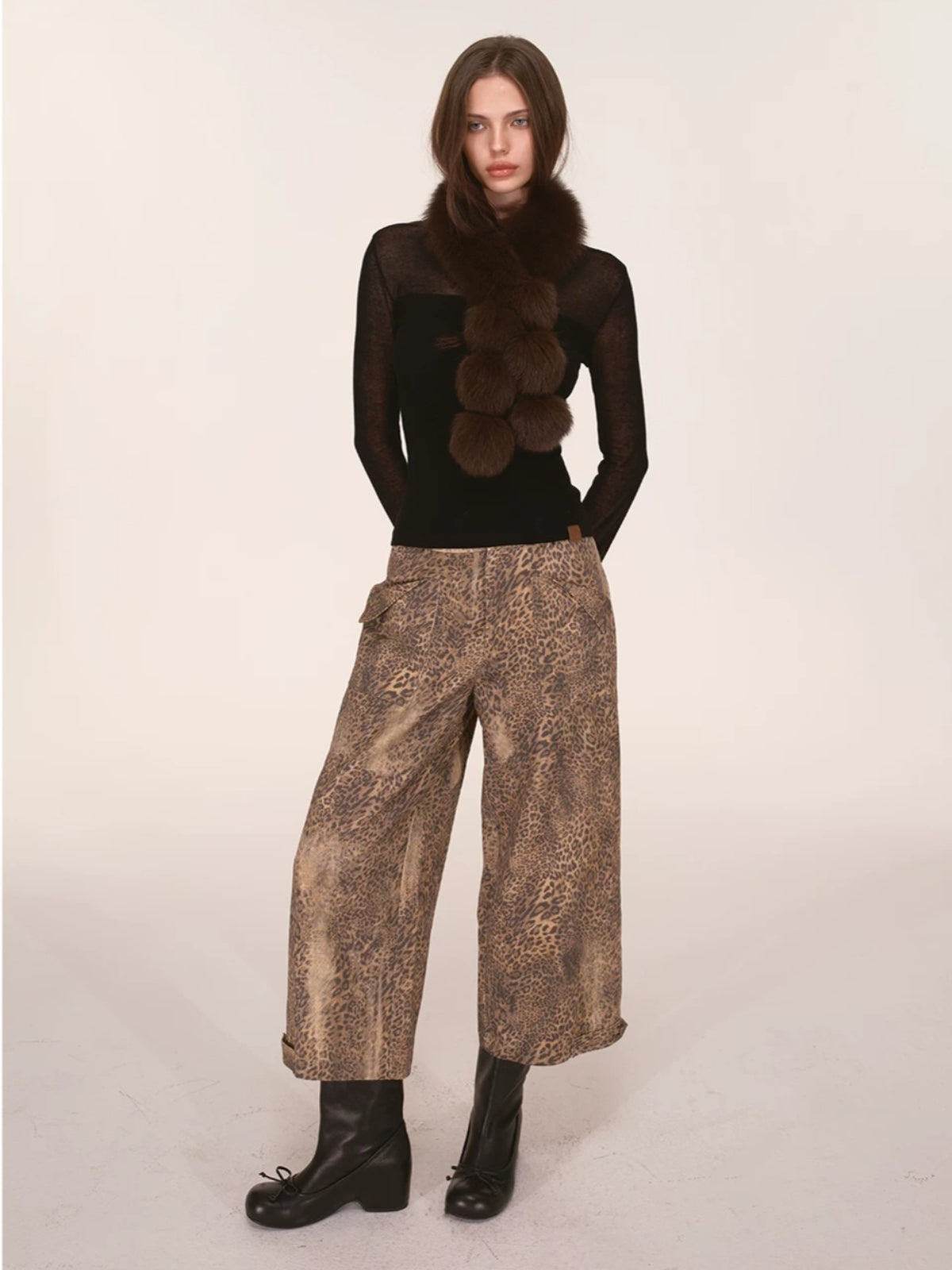 Washed Leopard Print Wide Leg Pants