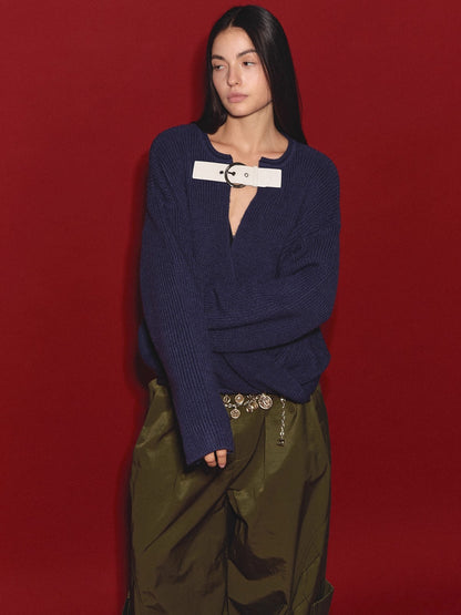 Wool V-Neck Buckle-Panel Sweater