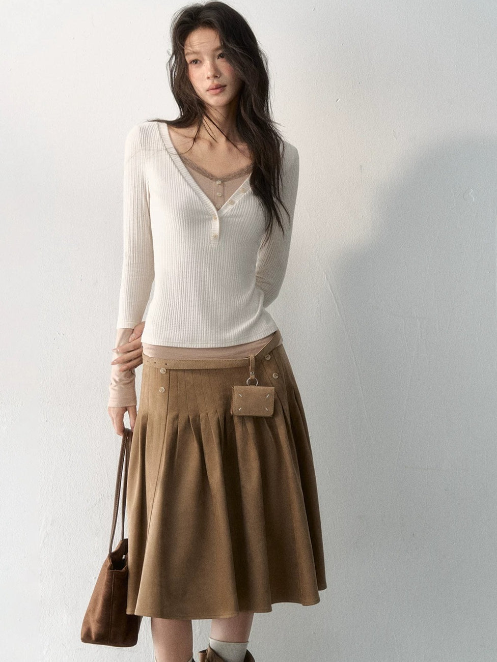 Layered V-Neck Ribbed Knit Top