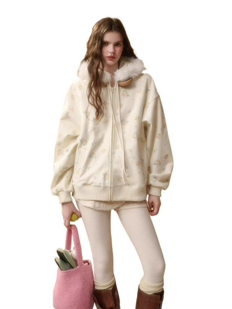 Floral Fur-Trim Hooded Cardigan &amp; Pants Set