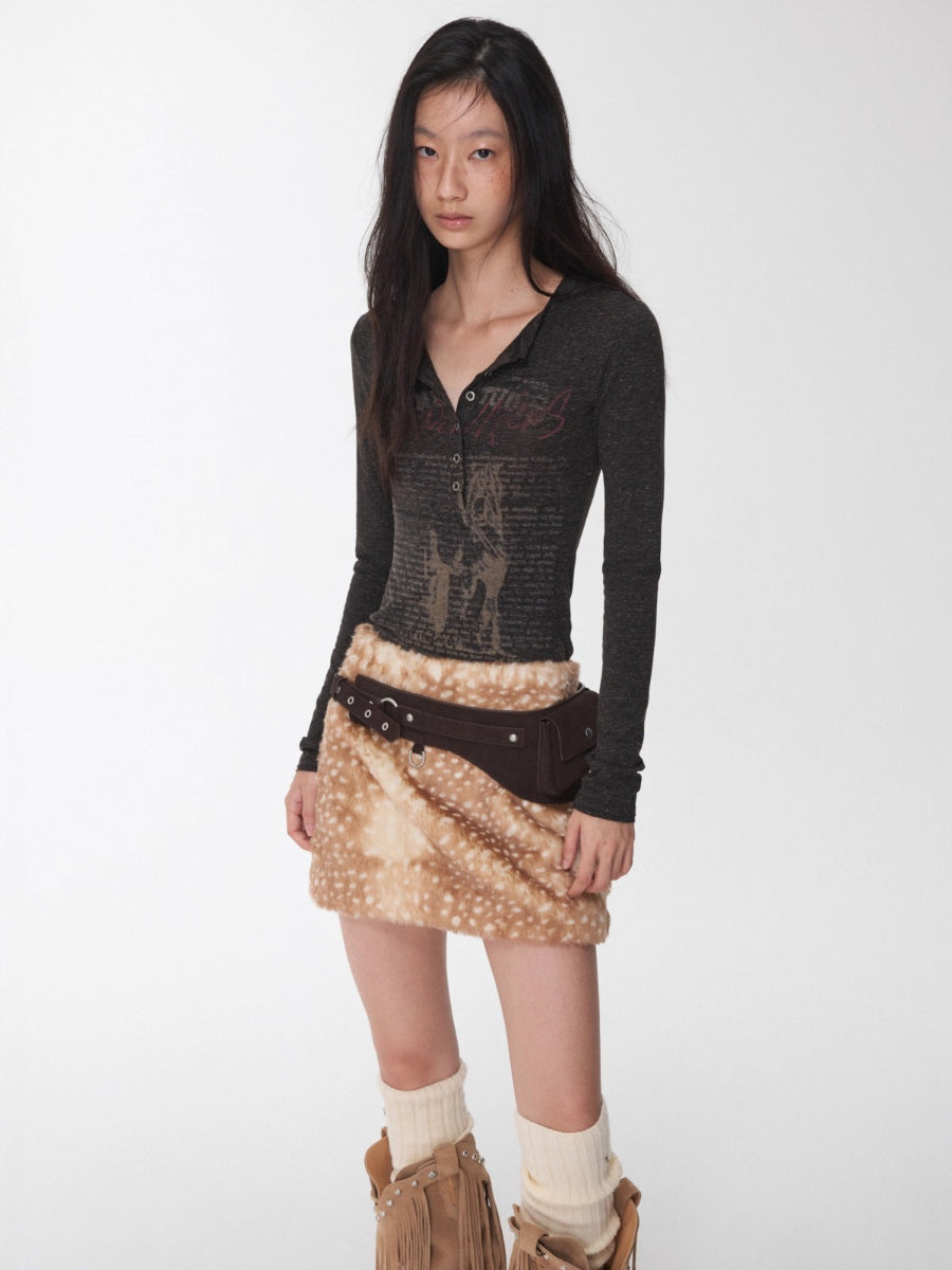 Vintage Deer Print Faux Fur Skirt