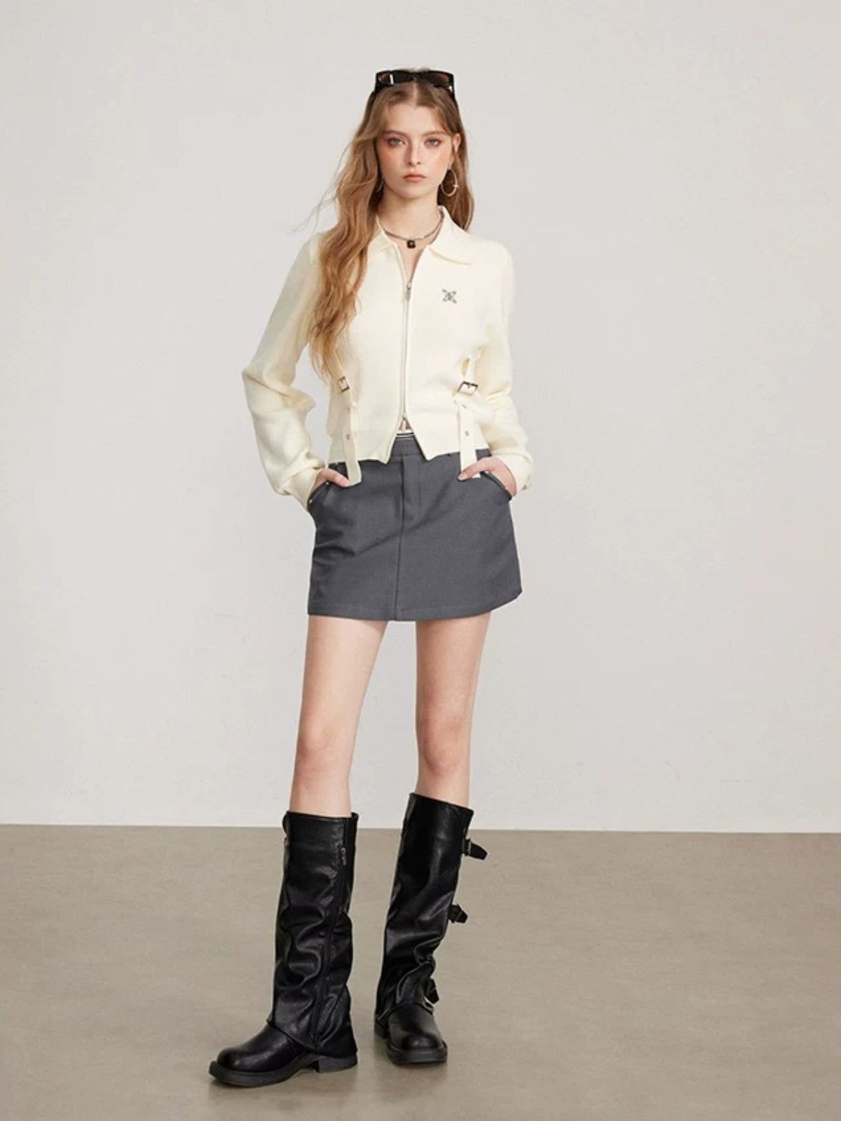 Ribbon Zip Collar Knit Cardigan