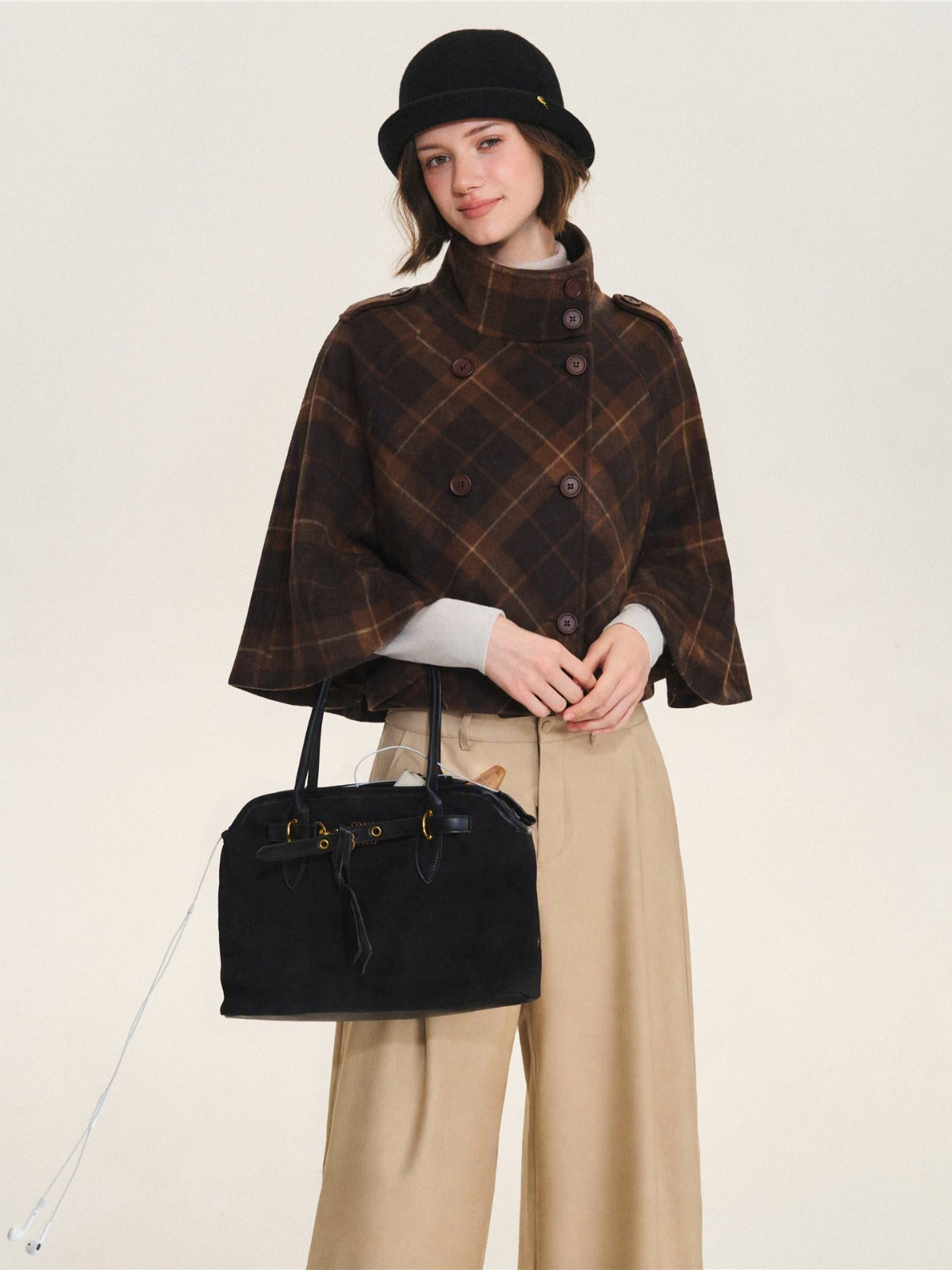 Checked Wool Blend Cape Coat
