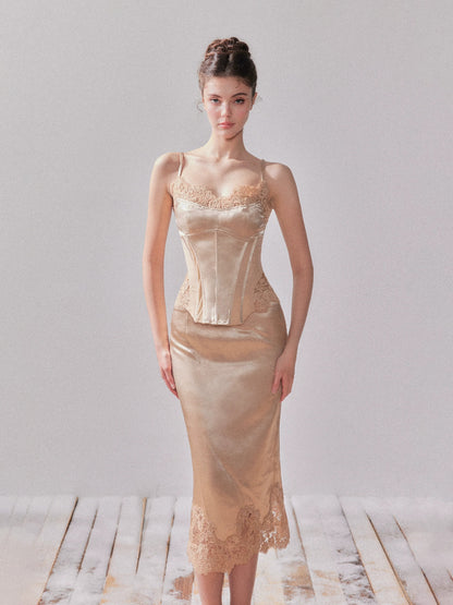 Lace Satin Boned Embroidered Cami &amp; Skirt Set