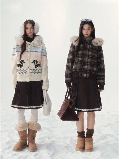 Brown &amp; Gray Wool Pleated Lace Skirt