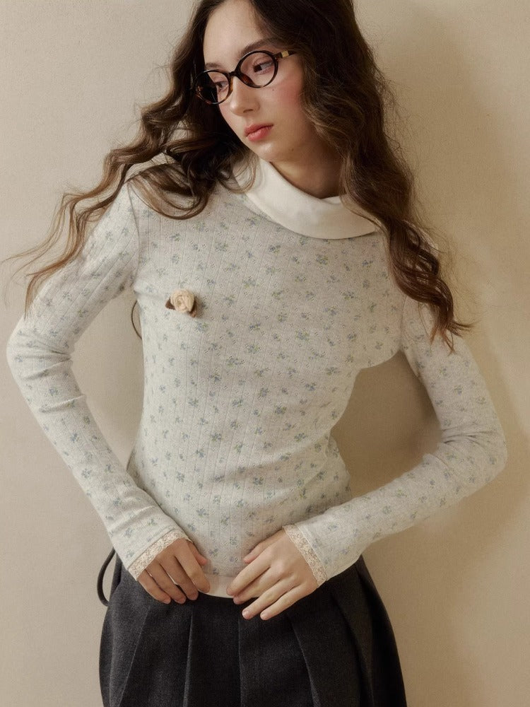Floral Collar Knit Long Sleeve Top