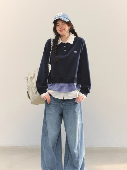 Navy Blue Plaid-Patchwork Polo Sweatshirt