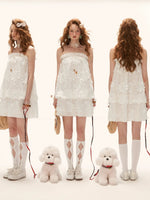 White Floral Appliqué Strapless Mini Dress
