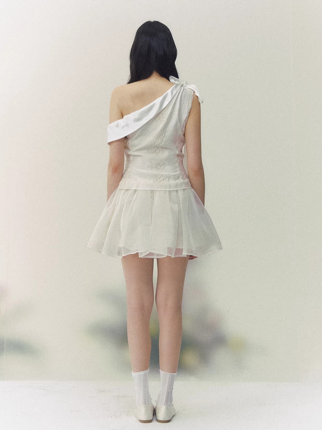 White Satin Embroidery Tulle Dress