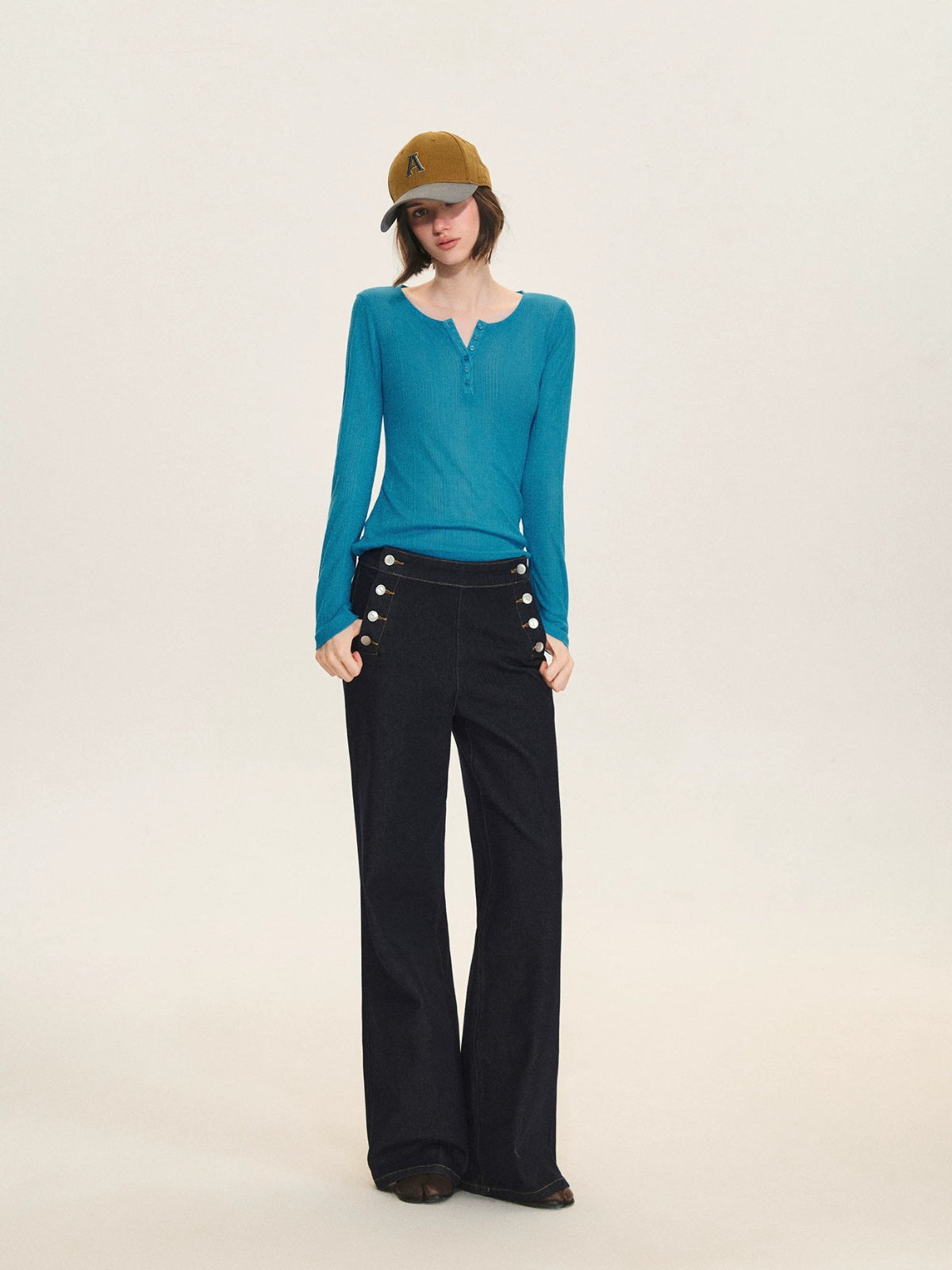 Ribbed Henley Long Sleeve Top