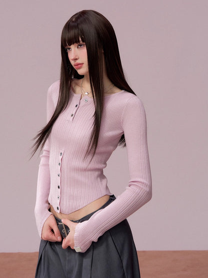 Ribbed Button Waist Knit T-shirt