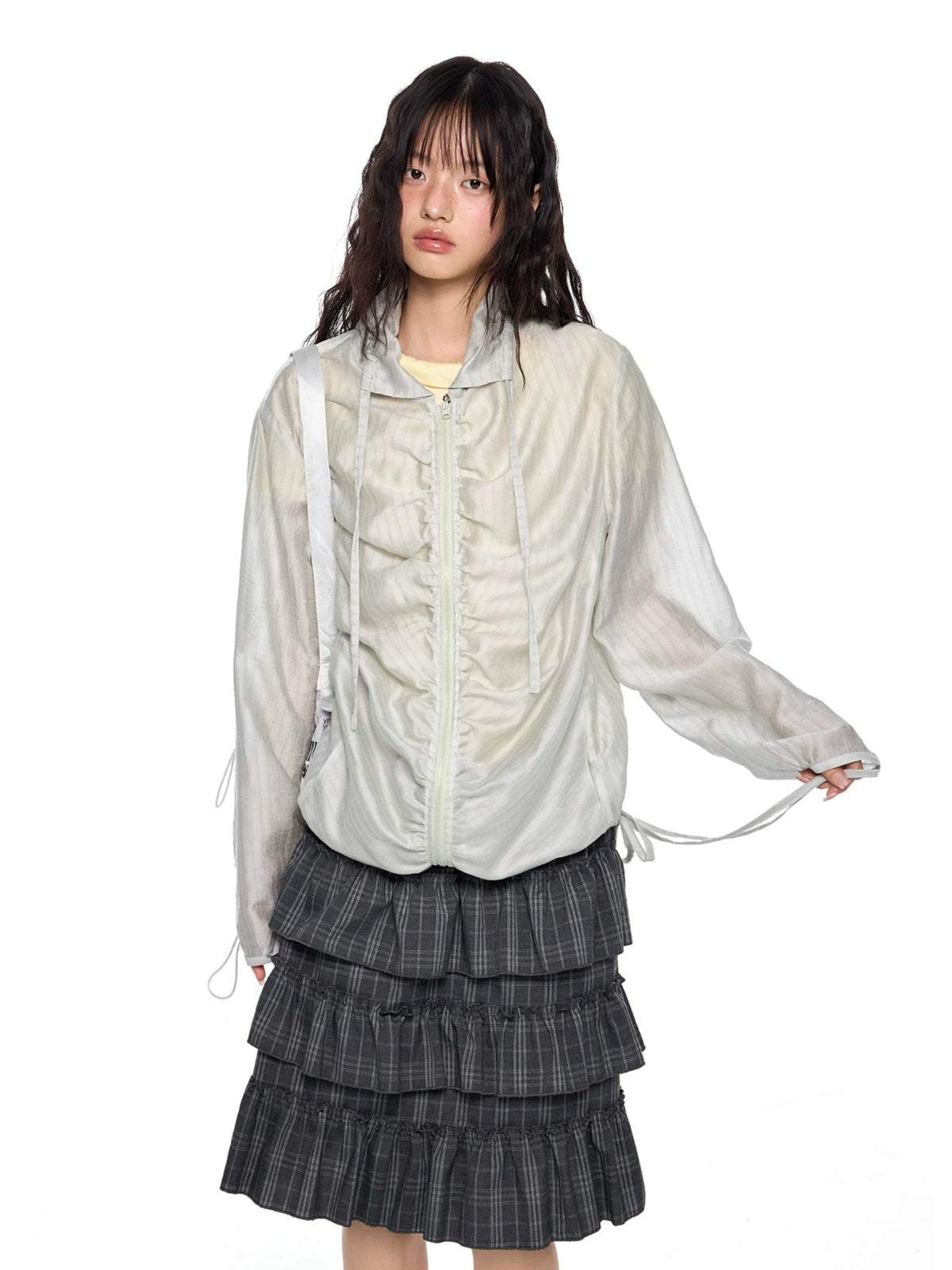 Gathered Tie Plaid Lightweight Blouse