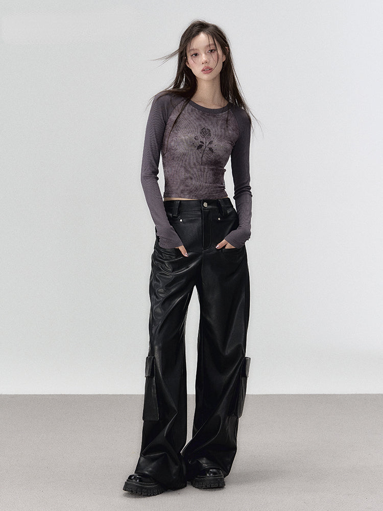 Black Rivet Straight Leather Pants