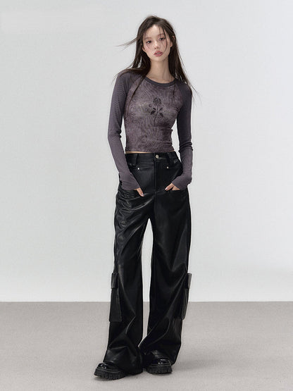 Black Rivet Straight Leather Pants