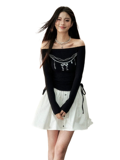 Black  One-Shoulder Pearl Chain Printed Dress
