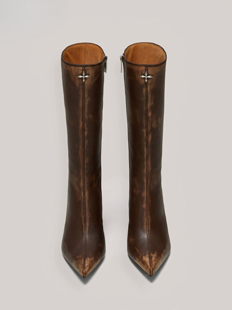 Compass Badge Sword Leather High Heel Boots Patina Wild Horse Brown Patina