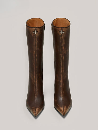 Compass Badge Sword Leather High Heel Boots Patina Wild Horse Brown Patina