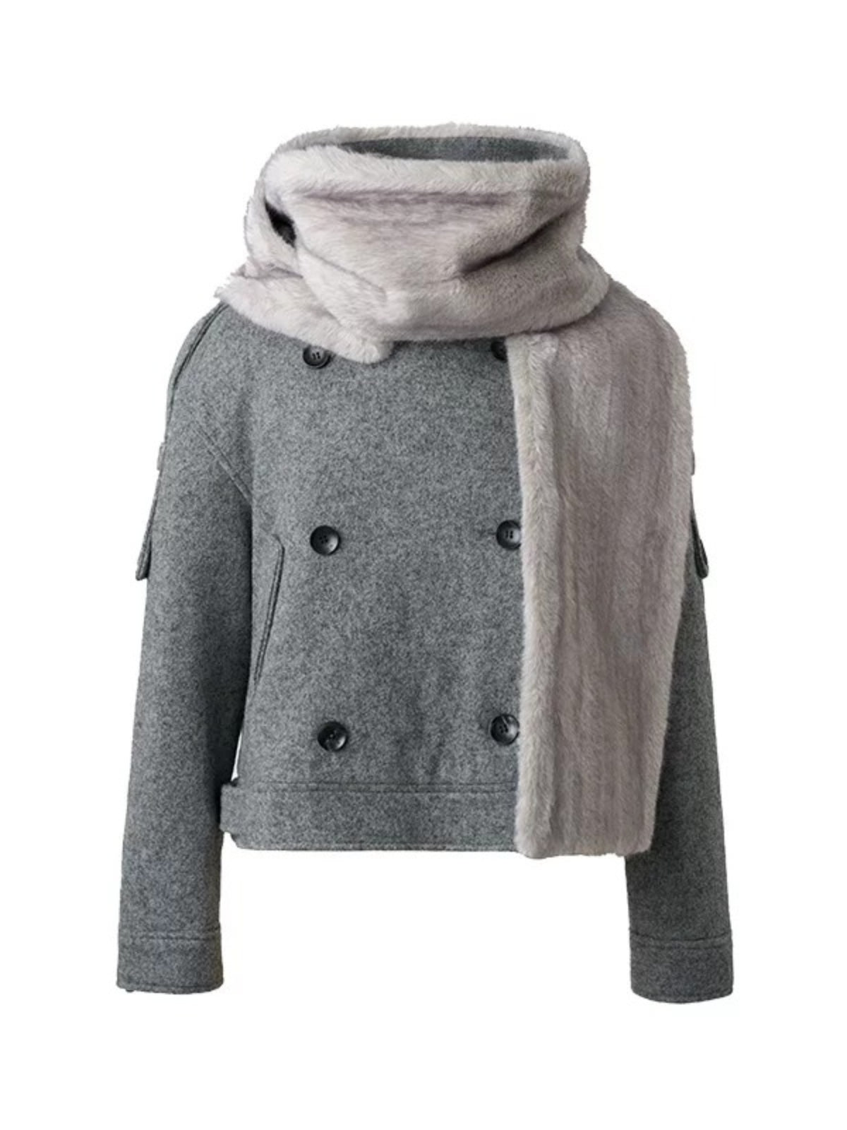 Plush Scarf Double Breasted Wool Coat