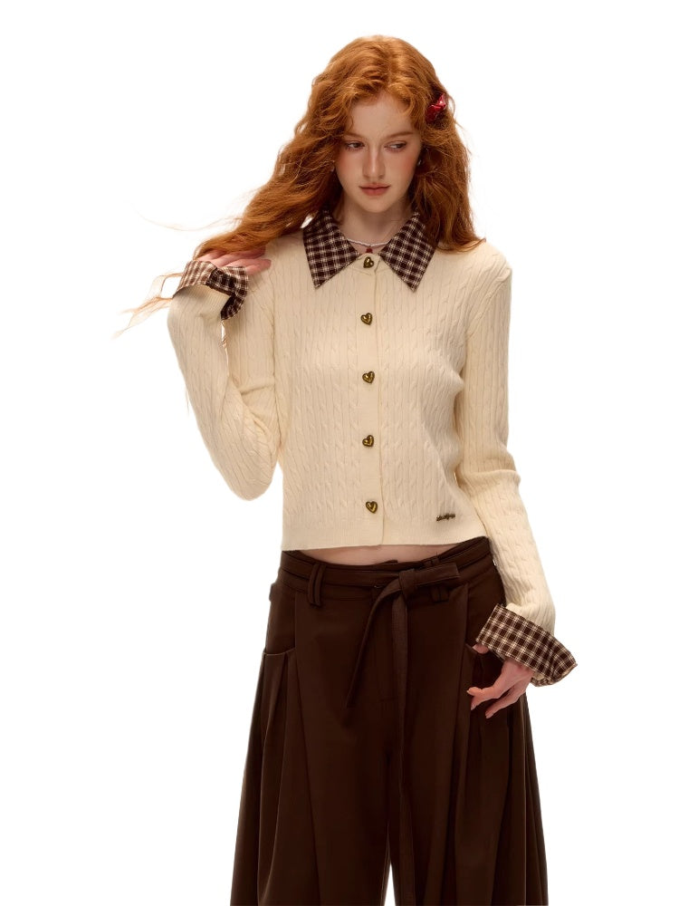 Plaid-Collar Cable Knit Top