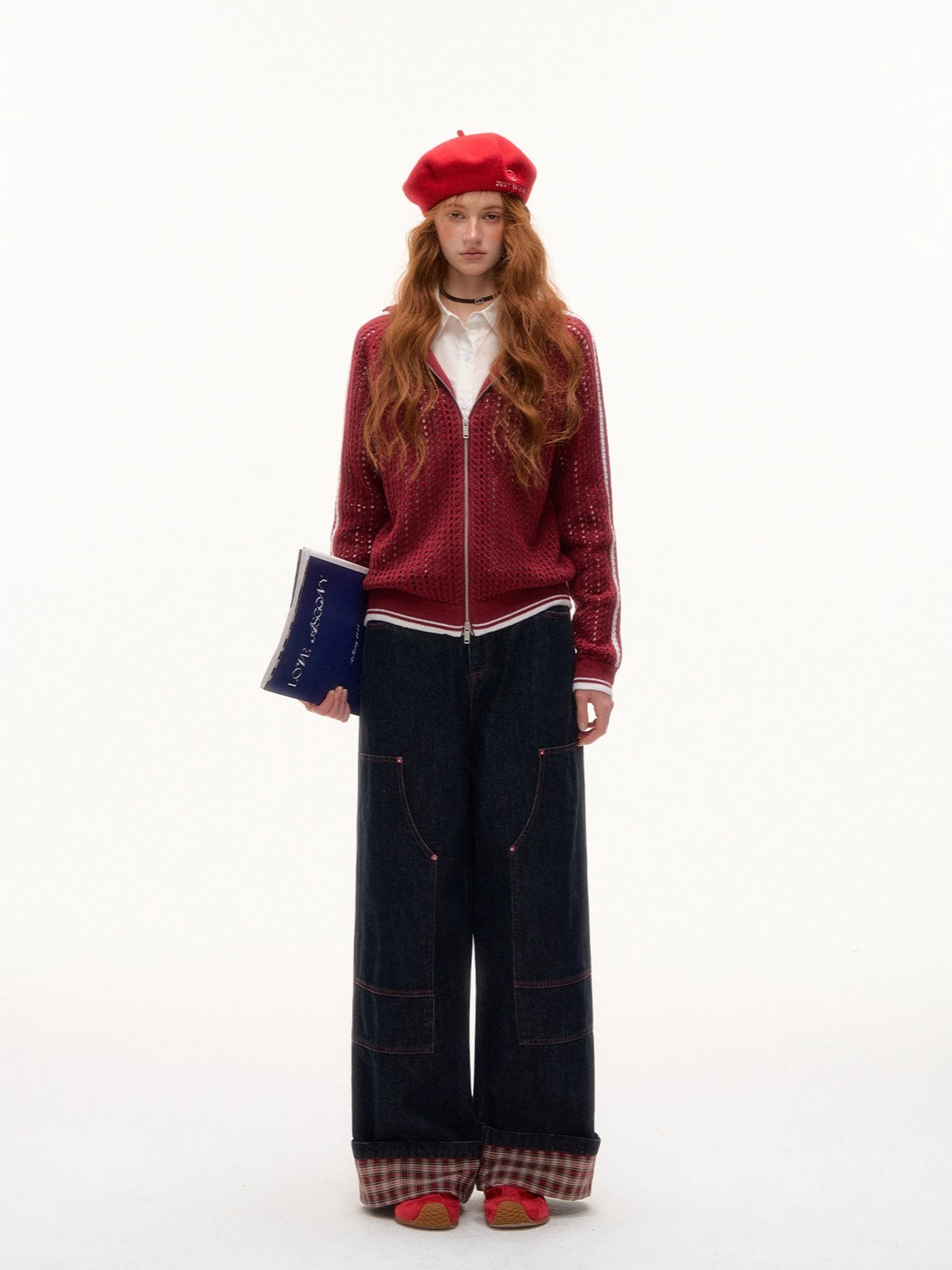 Blue &amp; Red Embroidered Knit Hoodie